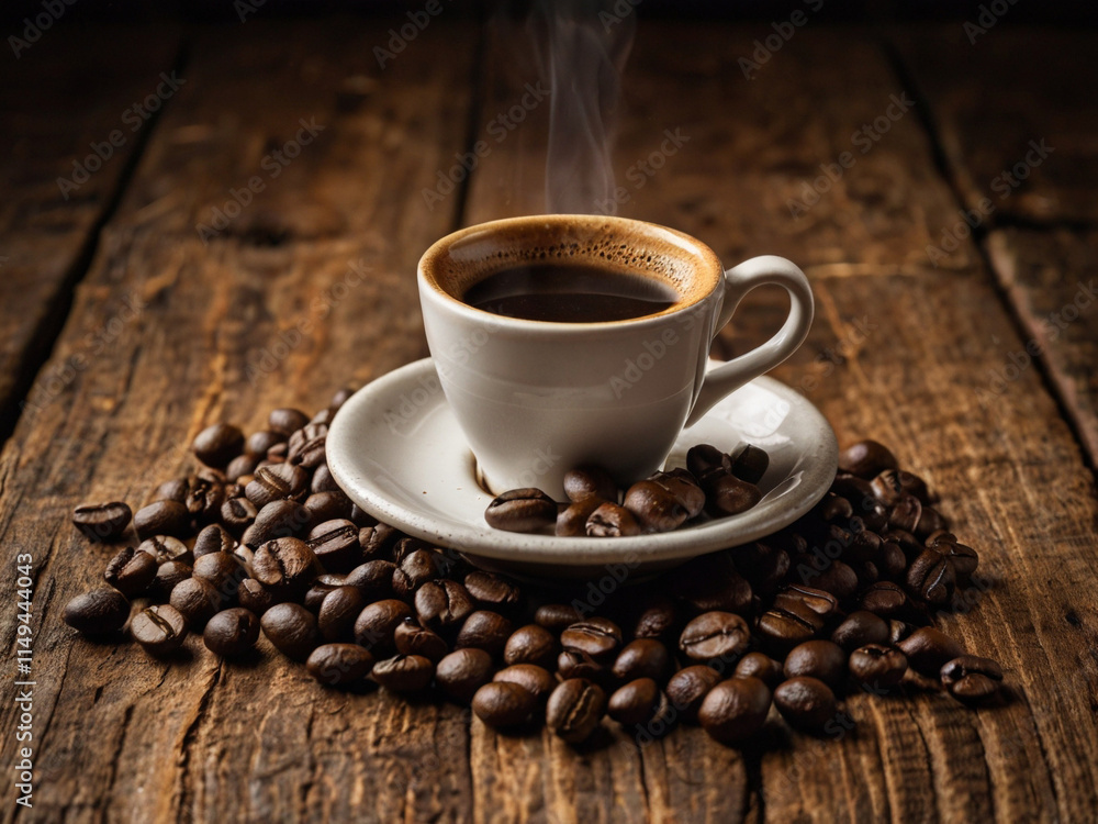 Espresso Cup with Coffee Beans and Wooden Background Espresso Cup with Coffee Beans and Wooden Background