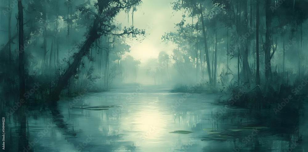 Obraz premium A serene, misty landscape with a calm waterway surrounded by trees and soft light.