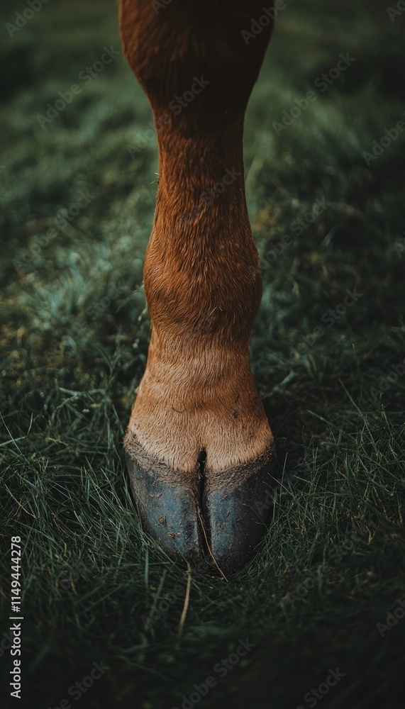 Close-up of a horse's hoof resting on grass, highlighting nature's details. Close-up of a horse's hoof resting on grass, highlighting nature's details.