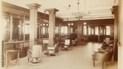 Nostalgic Ambiance of a 1920s Barber Shop: Vintage Chairs, Reflective Mirrors, and Classic Haircuts in Warm Setting photo