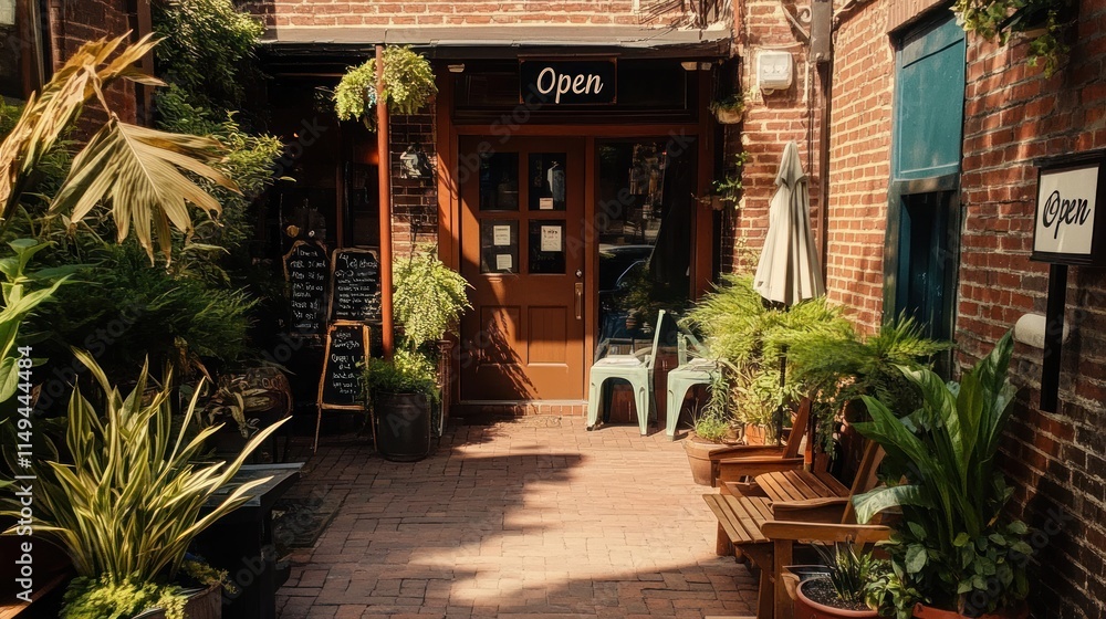 Eatery or store with wooden door and sign Open Eatery or store with wooden door and sign Open