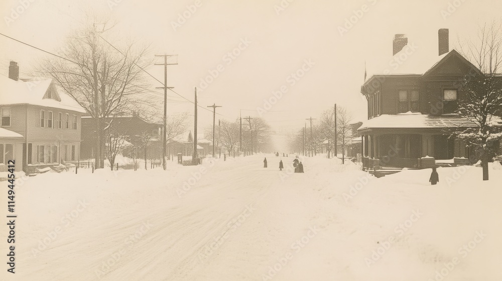 Obraz premium Nostalgic Winter Wonderland: Cozy 1920s Street Scene with Snow-Covered Rooftops and Playful Children