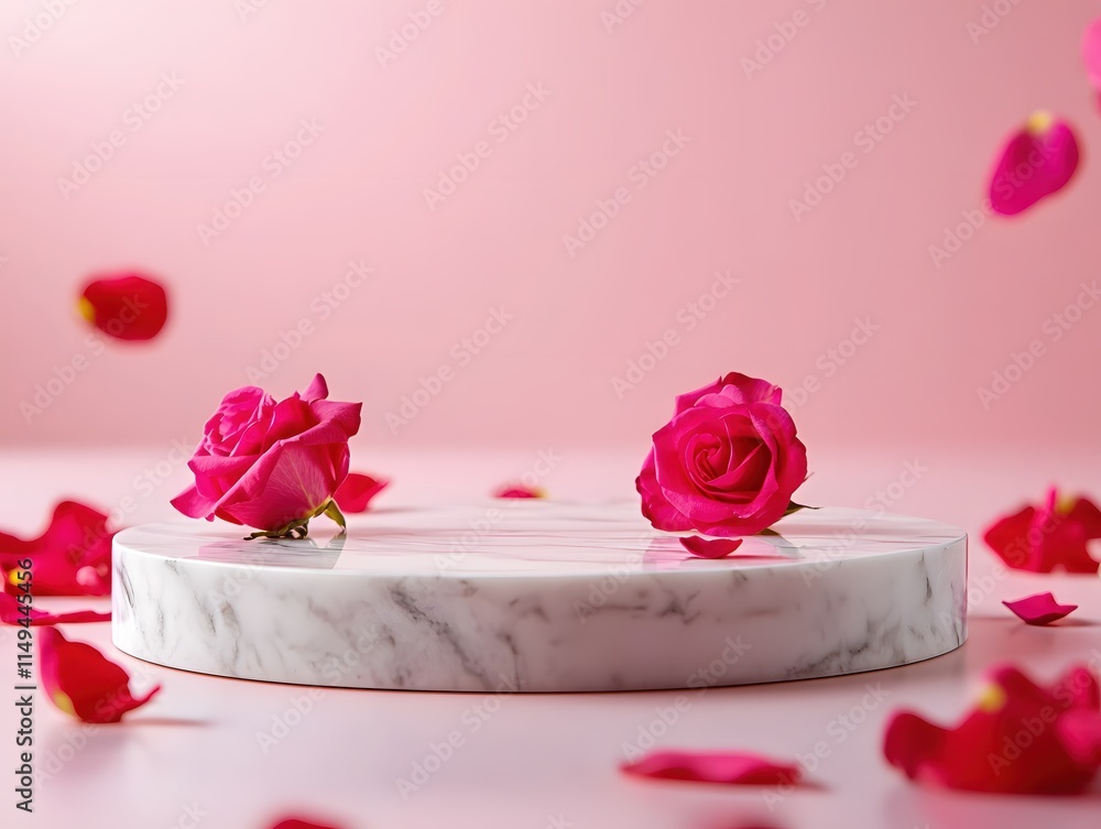 Elegant Pink Roses on Marble Display with Petals on Soft Pink Background Elegant Pink Roses on Marble Display with Petals on Soft Pink Background