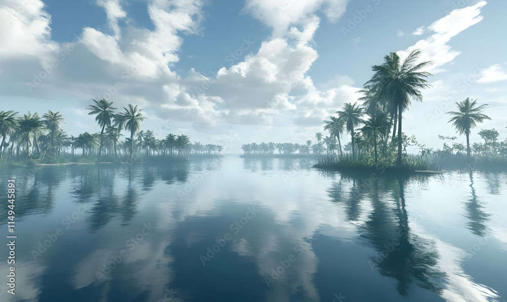 Obraz premium Serene landscape featuring palm trees and calm water reflecting a cloudy sky.