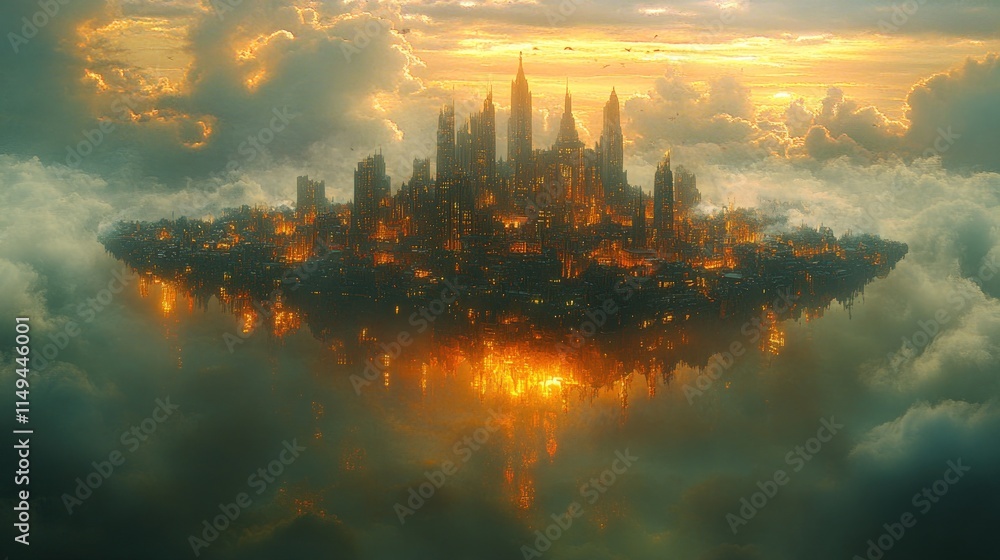 Naklejka premium Floating city, sunset clouds, golden glow.