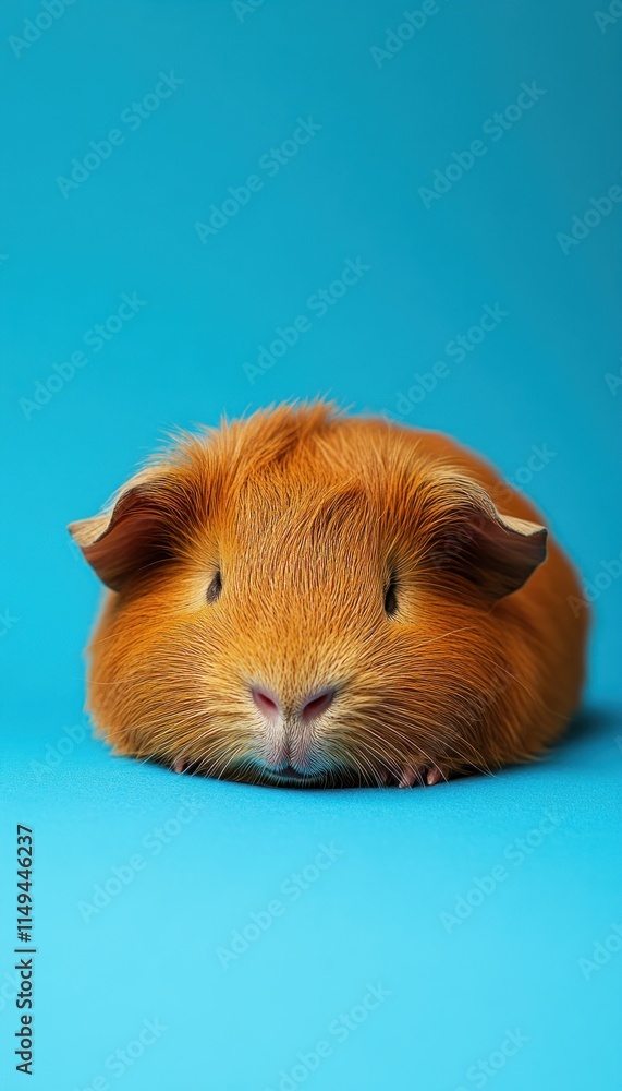 A cute orange guinea pig resting on a blue background, showcasing its fluffy fur. A cute orange guinea pig resting on a blue background, showcasing its fluffy fur.