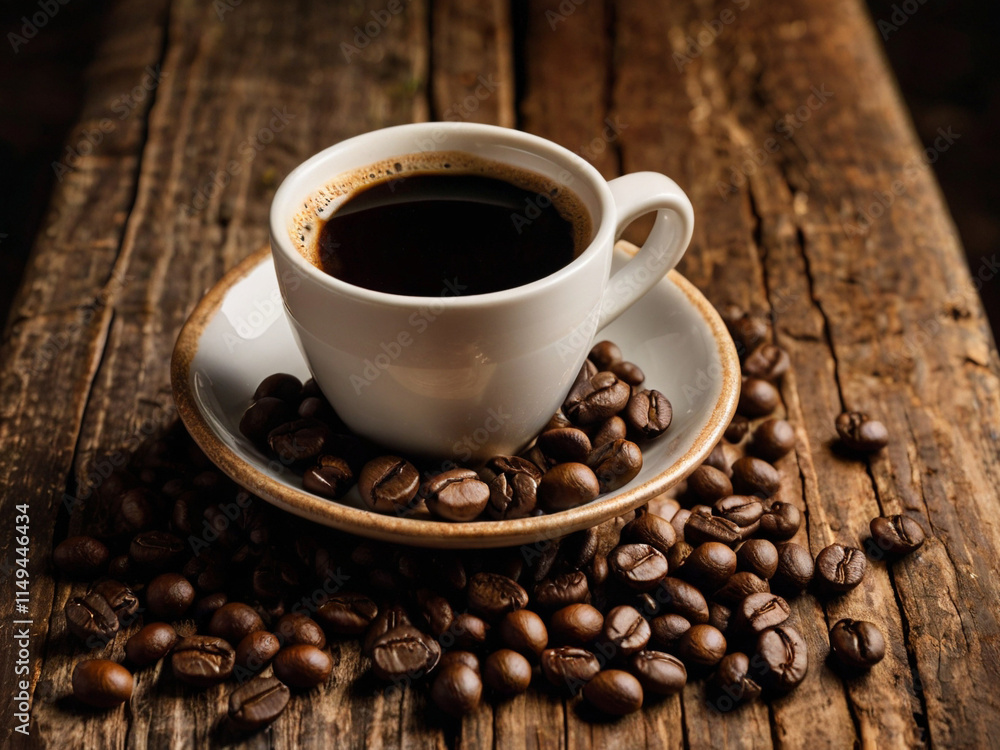 Espresso Cup with Coffee Beans and Wooden Background Espresso Cup with Coffee Beans and Wooden Background