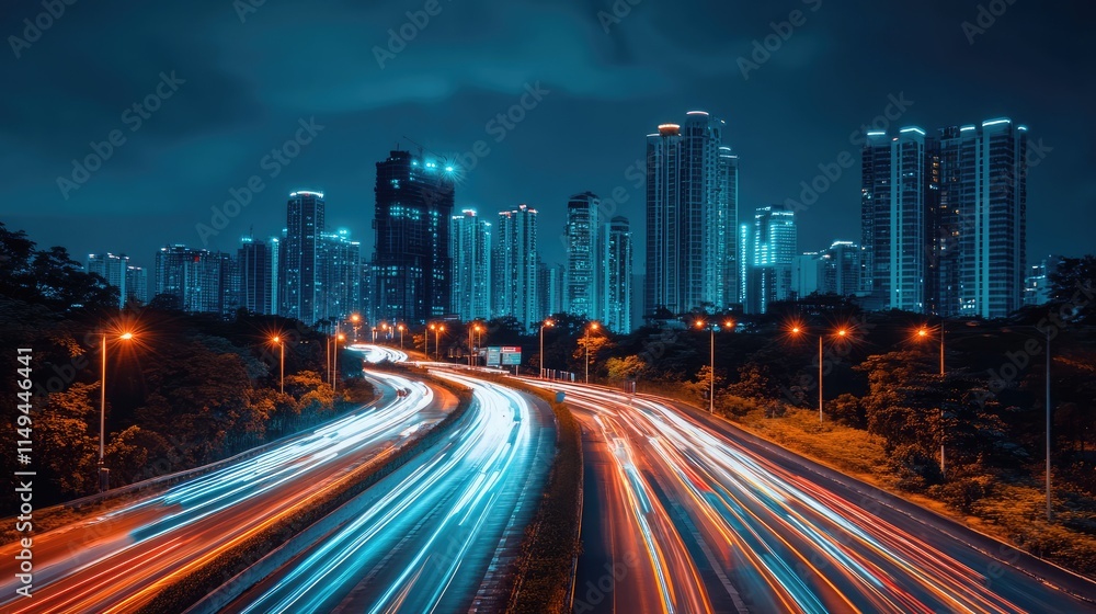 The motion blur of a busy urban highway during the evening rush hour. The city skyline serves as the background, illuminated by a sea of headlights and taillights. The motion blur of a busy urban highway during the evening rush hour. The city skyline serves as the background, illuminated by a sea of headlights and taillights.