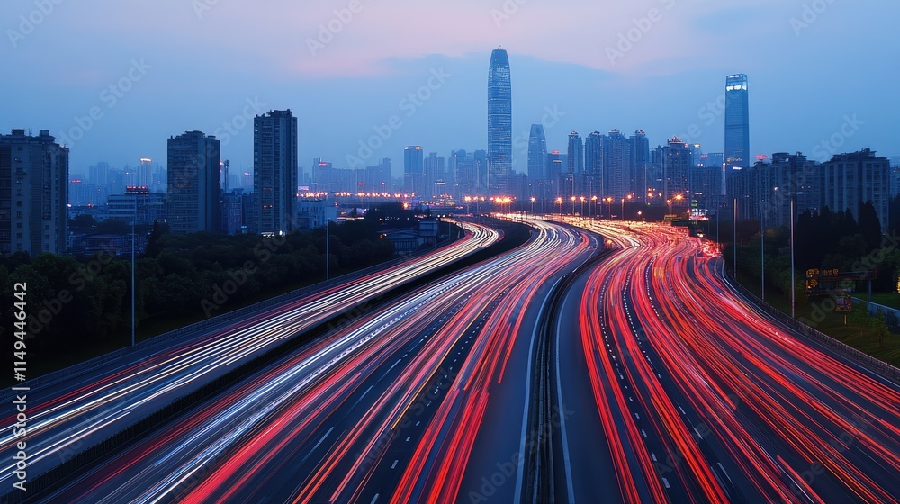 Fototapeta premium The motion blur of a busy urban highway during the evening rush hour. The city skyline serves as the background, illuminated by a sea of headlights and taillights.