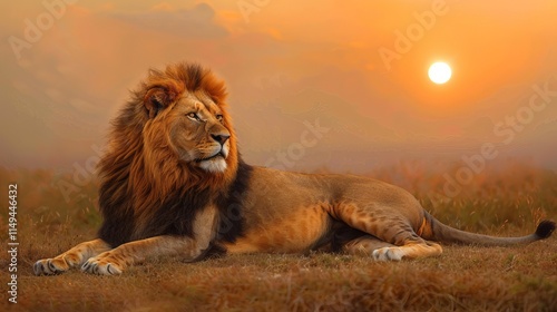 Wallpaper Mural A majestic male lion rests on the grass as the sun sets, showcasing its magnificent mane against a warm, glowing backdrop. Torontodigital.ca