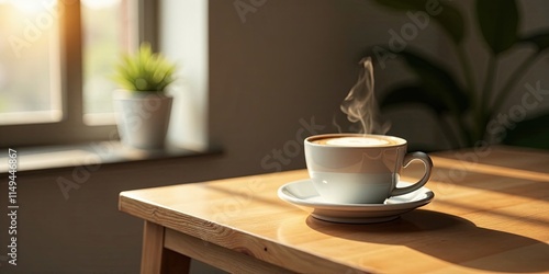 Wallpaper Mural Warm morning beverage on a wooden table in sunlight near a window Torontodigital.ca