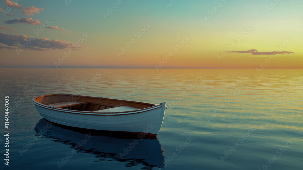 Serene sunset with lonely boat on calm ocean waters Serene sunset with lonely boat on calm ocean waters