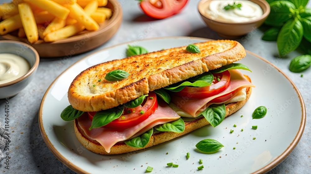 A delicious toasted sandwich with ham, tomato, and basil, served with a side of crispy fries and creamy sauce A delicious toasted sandwich with ham, tomato, and basil, served with a side of crispy fries and creamy sauce