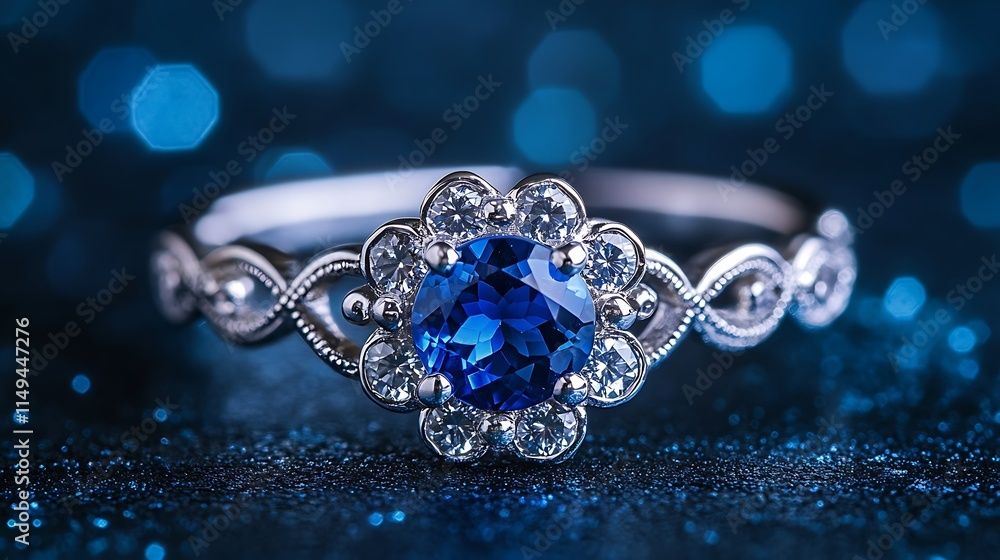 A vibrant Benitoite ring captured with high clarity, showcasing its intricate design and the gemstones vivid blue tones. A vibrant Benitoite ring captured with high clarity, showcasing its intricate design and the gemstones vivid blue tones.