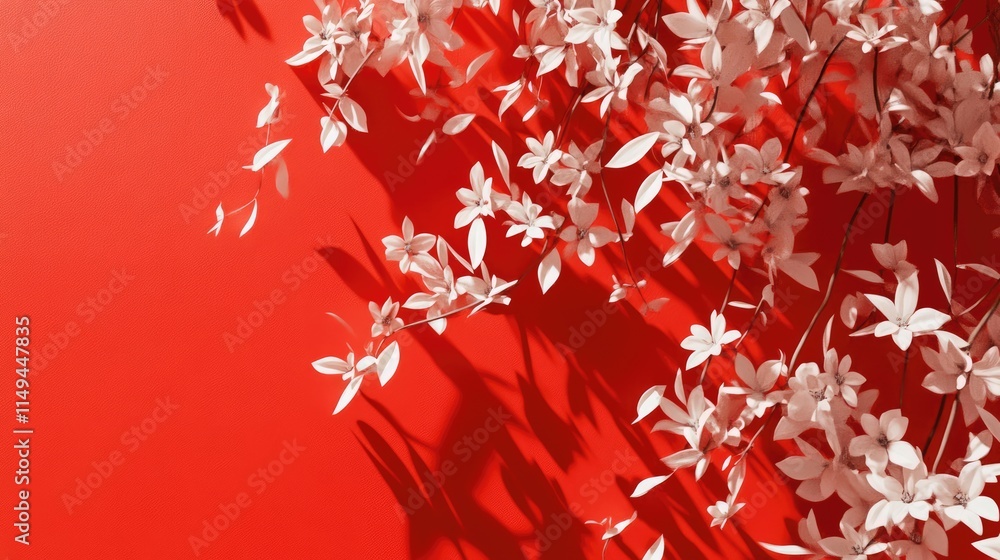 there is a red background with white flowers and leaves there is a red background with white flowers and leaves