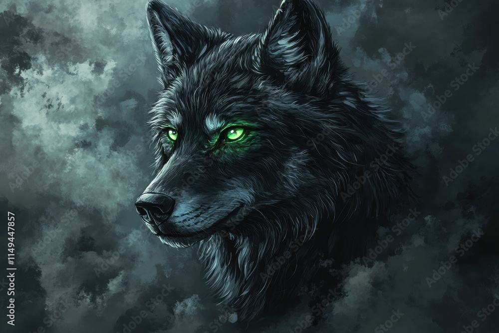 Majestic Black Wolf with Glowing Green Eyes Majestic Black Wolf with Glowing Green Eyes