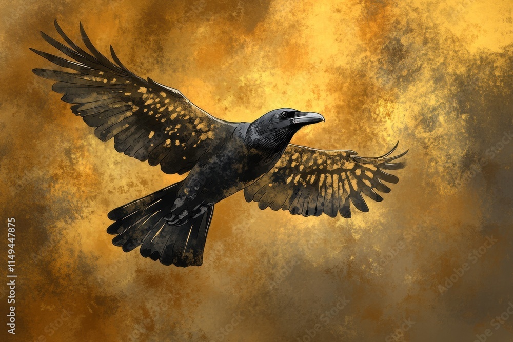 Obraz premium Raven in Flight Against Golden Sky