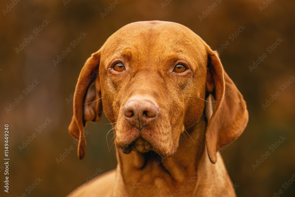 A magyar vizsla dog on a meadow in autumn outdoors A magyar vizsla dog on a meadow in autumn outdoors