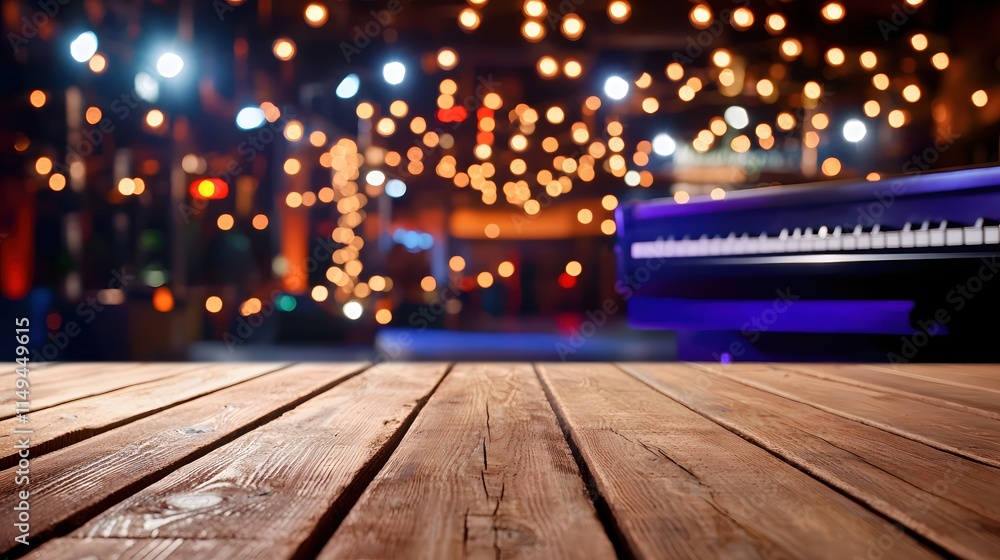 Rustic Wooden Table with Blurred Party Lights and Piano in a Vibrant Nightlife Setting Rustic Wooden Table with Blurred Party Lights and Piano in a Vibrant Nightlife Setting