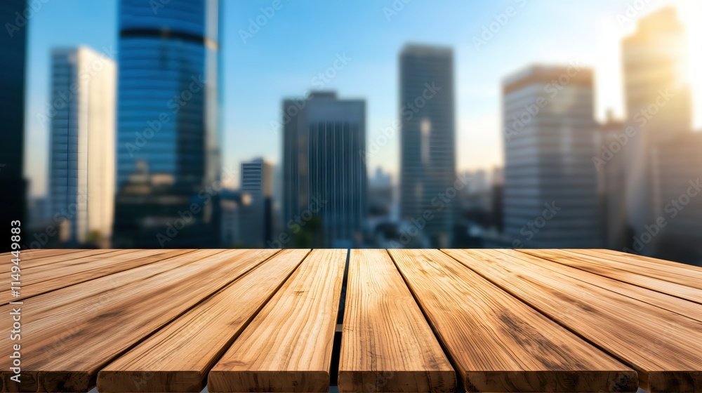 Wooden Table Surface with City Skyline in Background at Sunset Ideal for Presentations Wooden Table Surface with City Skyline in Background at Sunset Ideal for Presentations