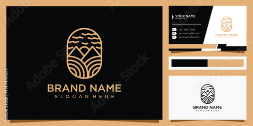 Linear mountain sun sky vector icon logo design. Travel adventure nature logotype symbol.