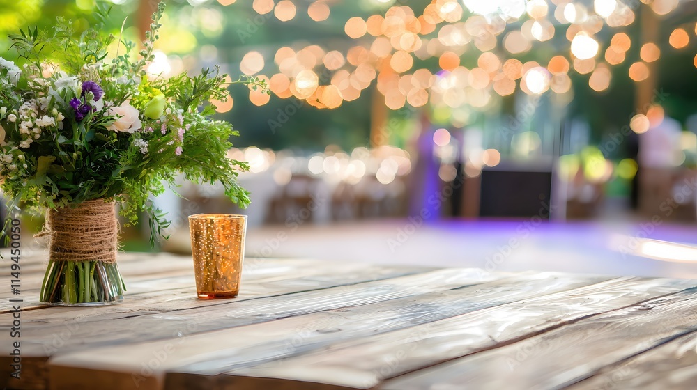 Rustic Event Table Detail with Floral Arrangement and Bokeh Lights Background Rustic Event Table Detail with Floral Arrangement and Bokeh Lights Background