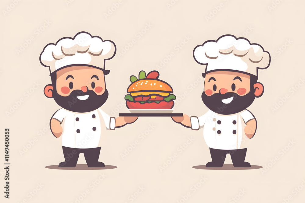 A playful cartoon illustration of two chefs in white uniforms, smiling and holding a large, delicious burger on a tray, representing teamwork and culinary expertise with a fun and cheerful design A playful cartoon illustration of two chefs in white uniforms, smiling and holding a large, delicious burger on a tray, representing teamwork and culinary expertise with a fun and cheerful design