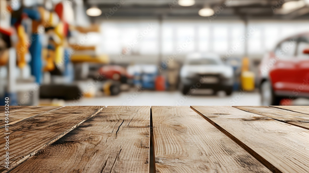 Wooden Table Surface with Blurred Background of Auto Repair Shop Interior Wooden Table Surface with Blurred Background of Auto Repair Shop Interior