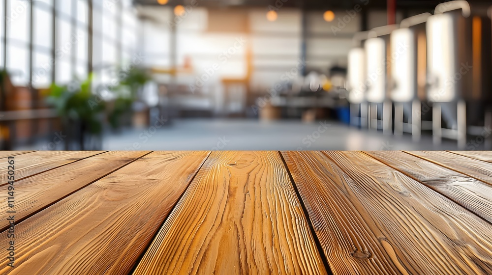 Wooden Table with Blurred Brewery Background in Modern Industrial Setting Wooden Table with Blurred Brewery Background in Modern Industrial Setting