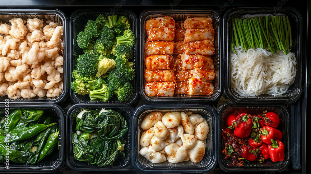 Assorted asian cuisine box with vegetables, noodles, and shrimp Assorted asian cuisine box with vegetables, noodles, and shrimp