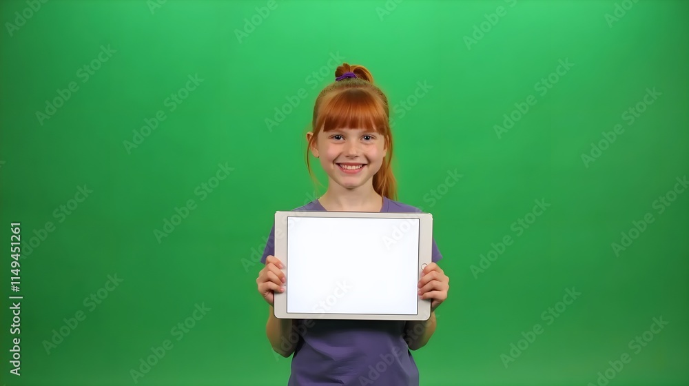 Red-Haired Student Girl Showing Tablet Computer Blank Screen Posing On Green Studio Background. Great Application. Mockup Red-Haired Student Girl Showing Tablet Computer Blank Screen Posing On Green Studio Background. Great Application. Mockup