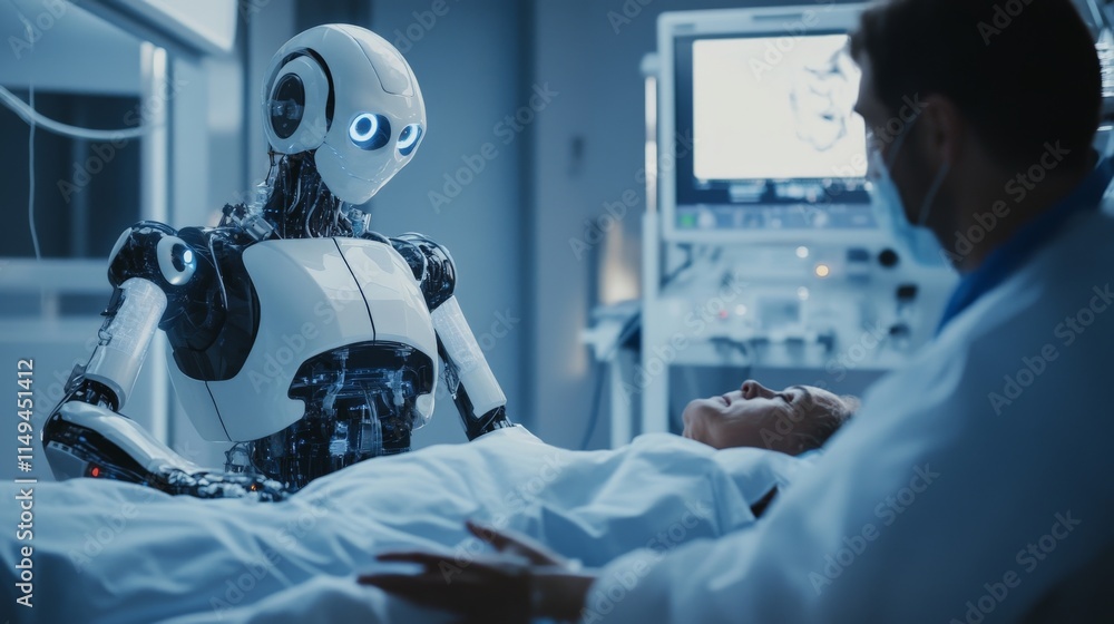 Robot assisting healthcare professional with caucasian female patient in hospital setting Robot assisting healthcare professional with caucasian female patient in hospital setting