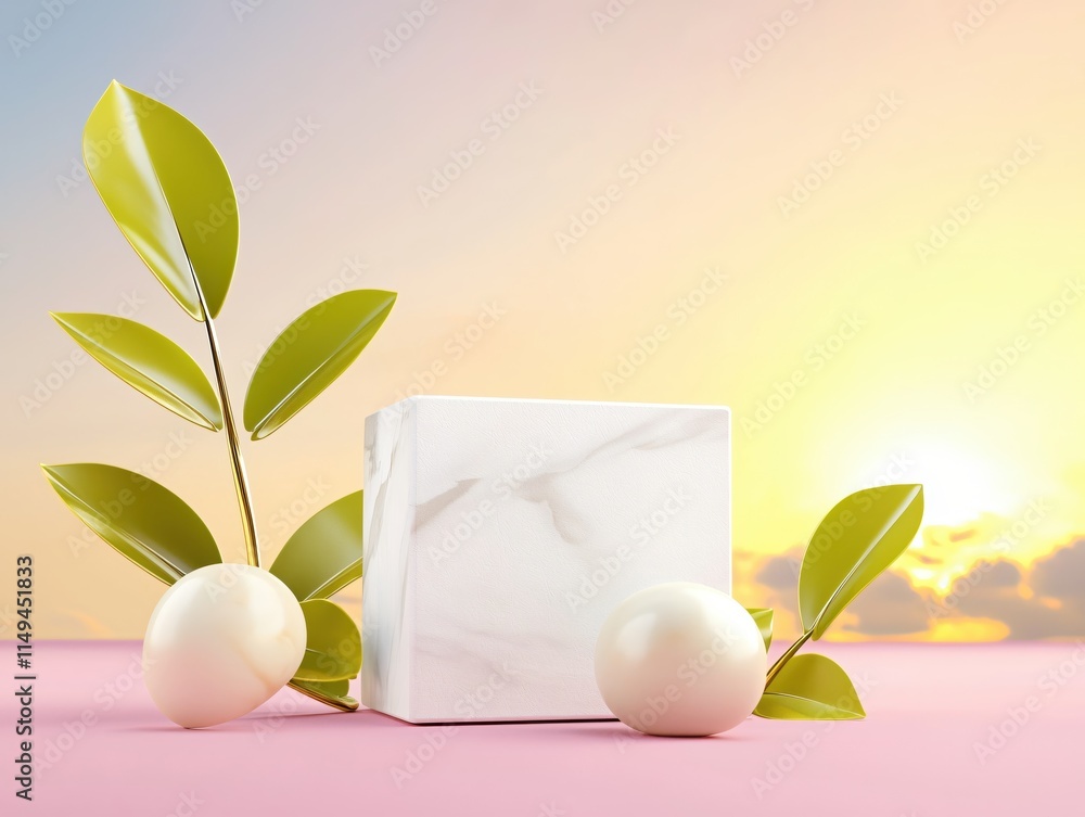 Elegant Decorative Composition with White Block and Leafy Elements at Sunset Elegant Decorative Composition with White Block and Leafy Elements at Sunset