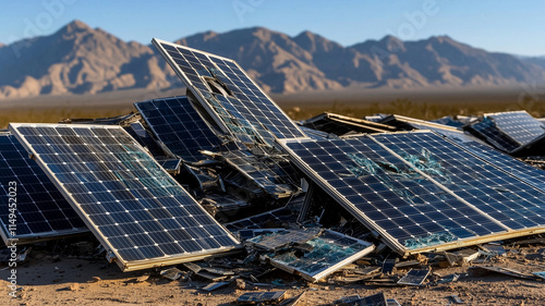 close up of old solar panels piled up waste disposal copy space endoflife solar whimsical Overlay desert
 photo