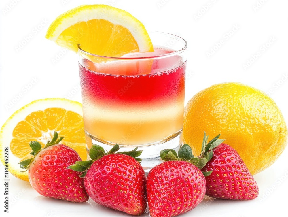 A colorful layered drink garnished with lemon, surrounded by fresh strawberries and an orange. A colorful layered drink garnished with lemon, surrounded by fresh strawberries and an orange.