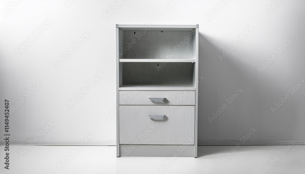 front view of empty office cabinet with shelf and drawers in grey color in white room front view of empty office cabinet with shelf and drawers in grey color in white room