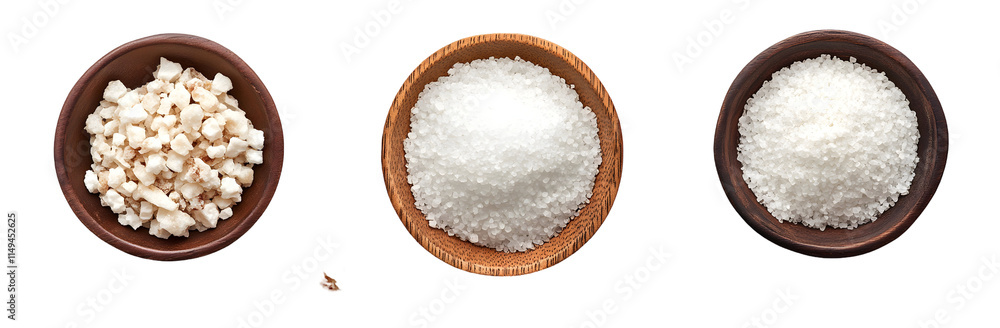 Collection of salt crystals isolated on white background. Wooden bowls filled with sea salt, coarse salt, and Himalayan pink salt, shown against white backdrop. Collection of salt crystals isolated on white background. Wooden bowls filled with sea salt, coarse salt, and Himalayan pink salt, shown against white backdrop.