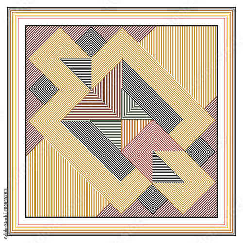 Abstract geometric scarf pattern with overlapping striped lines creating a zigzag effect, A geometric pattern featuring interwoven lines and squares, creating a visually striking design.