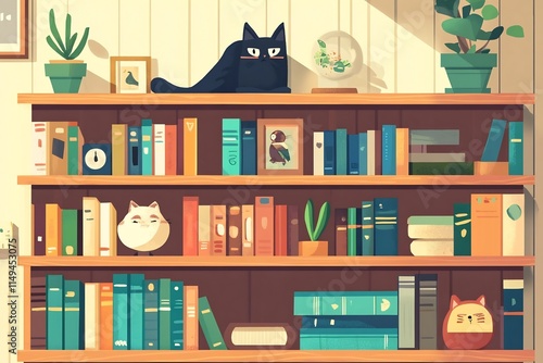 Wallpaper Mural Cozy Bookshelf Arrangement with Decorative Objects and Flat Style Characters Torontodigital.ca