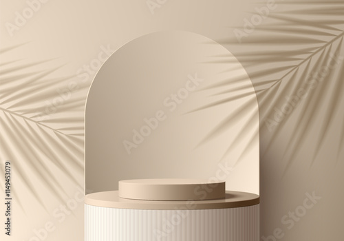 Beige 3D cylindrical podium background with arch backdrop. Empty studio wall scene. Minimalist mockup pedestal. Abstract stand product display presentation. Stage for showcase. Vector platform design