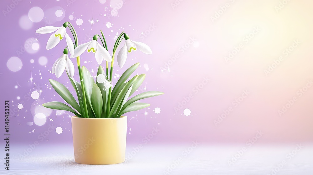 Obraz premium A cute of a snowdrop flower in a soft yellow pot, placed against a light violet-lit backgrounds, combining cheerful and delicate aesthetics.