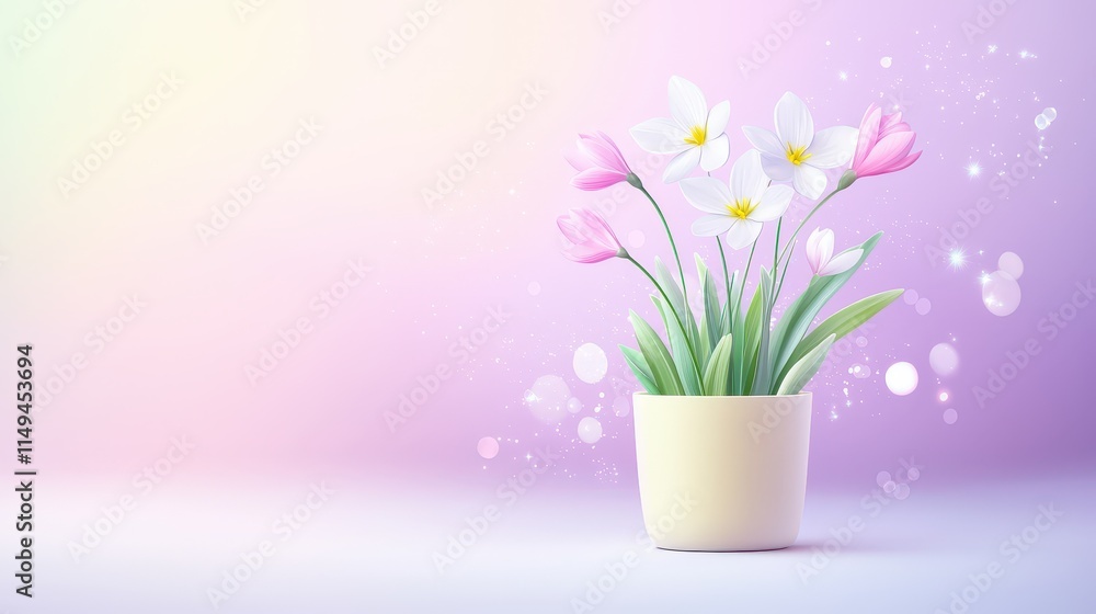 Obraz premium A simple snowdrop in a pale yellow pot, standing out beautifully on a pastel violet-lit backgrounds, ideal for nature-inspired visuals.
