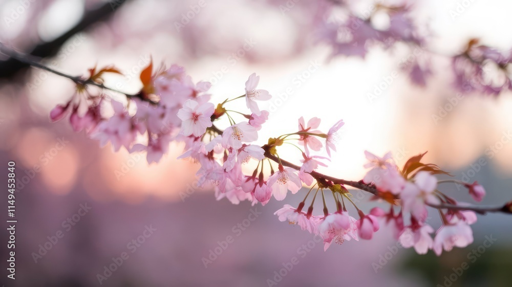 Obraz premium Delicate Pink Cherry Blossoms Blooming at Sunrise