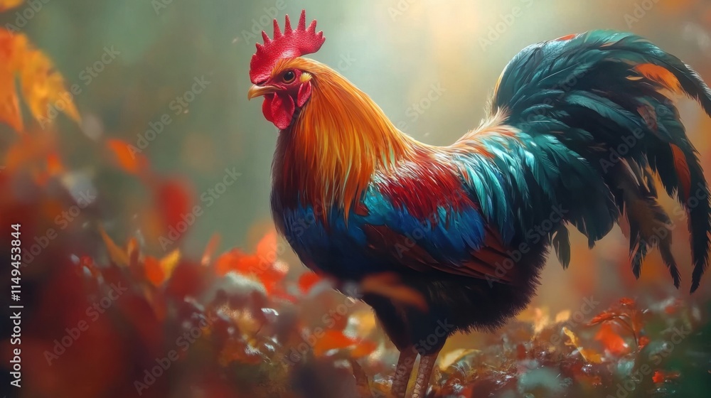 Fototapeta premium Colorful Rooster Standing Amidst Vibrant Autumn Leaves in Nature