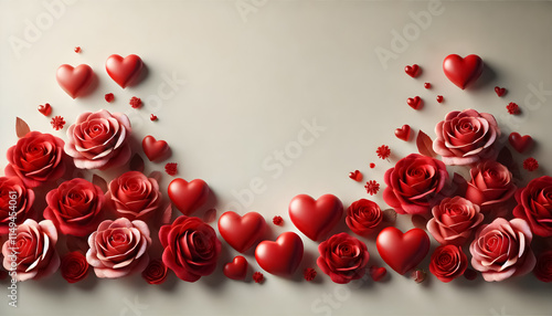 Red roses and hearts arranged on the left and right edges, creating a clean, balanced composition with copy space in the middle.