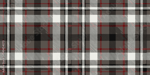 A classic black, white, and red plaid pattern featuring intersecting lines and squares.