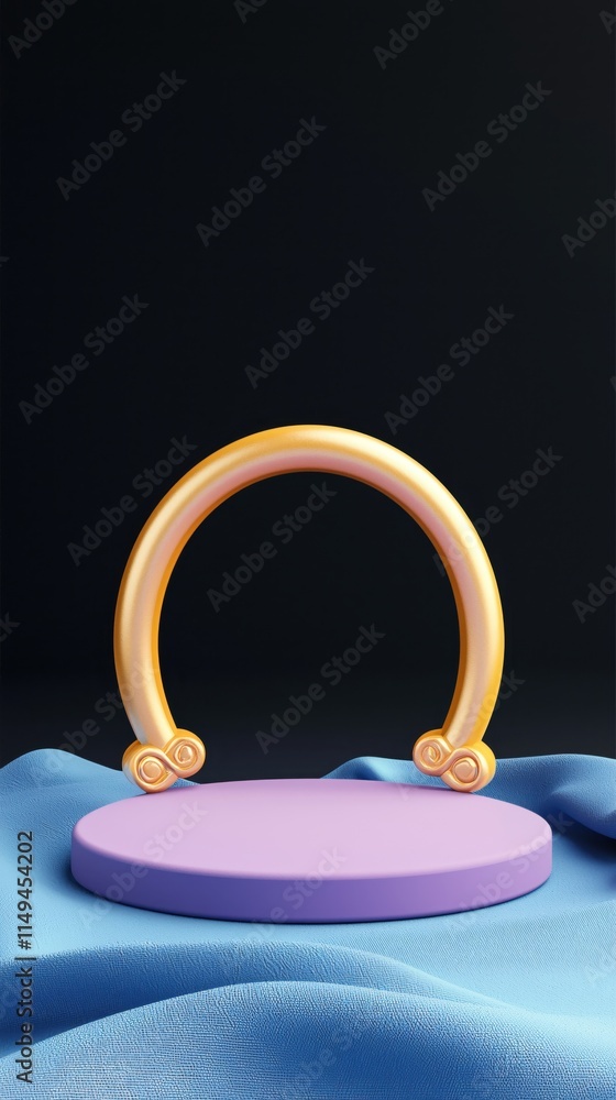 Vibrant Decorative Display Stand with Curved Accents on Colorful Fabric Background Vibrant Decorative Display Stand with Curved Accents on Colorful Fabric Background