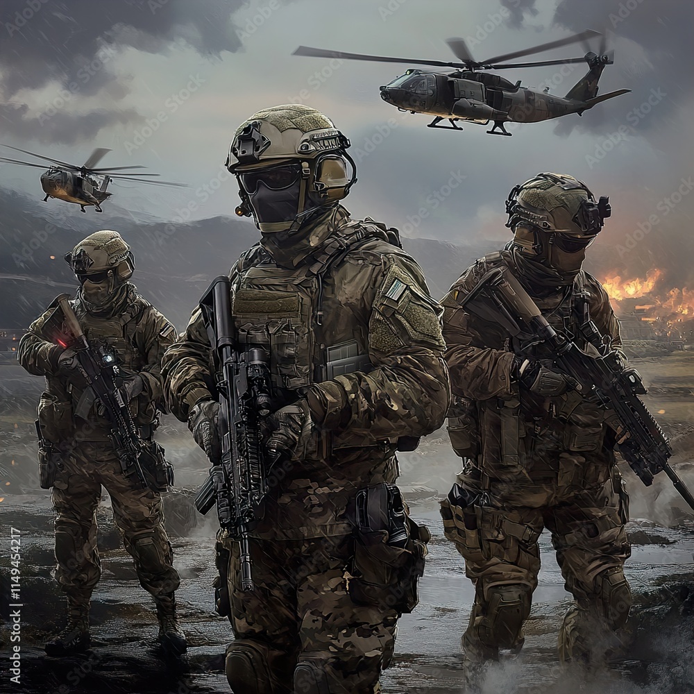 Fototapeta premium Soldiers in Combat: A Military Scene