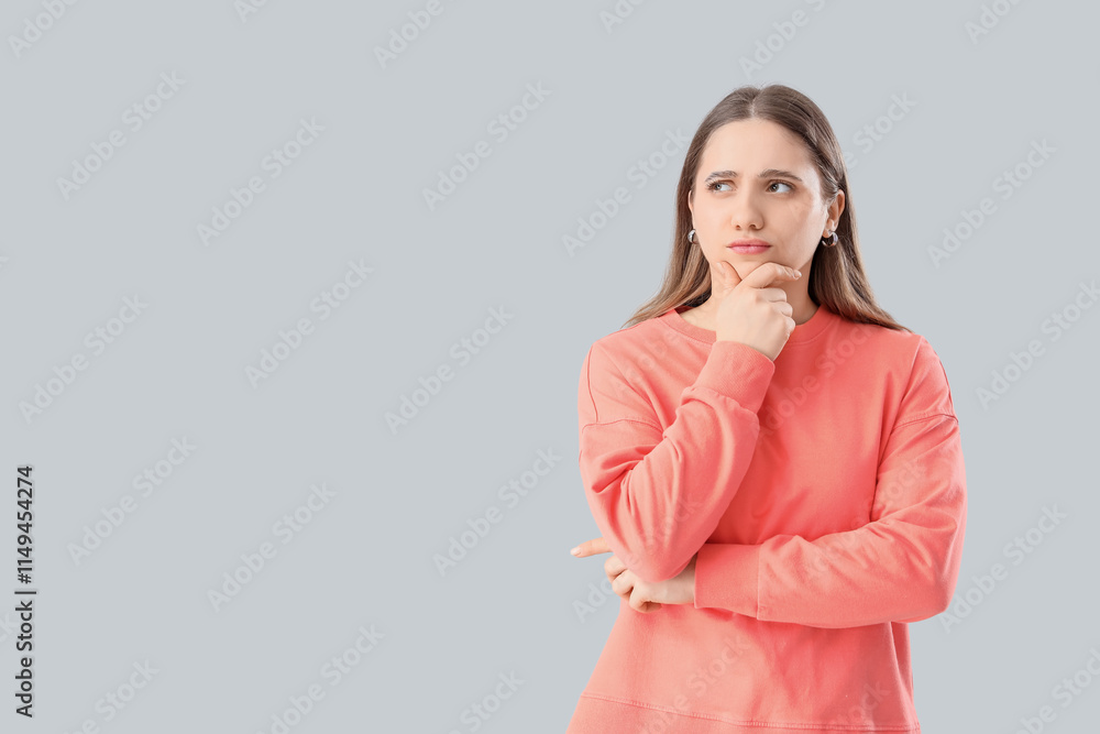 Obraz premium Thoughtful woman on grey background