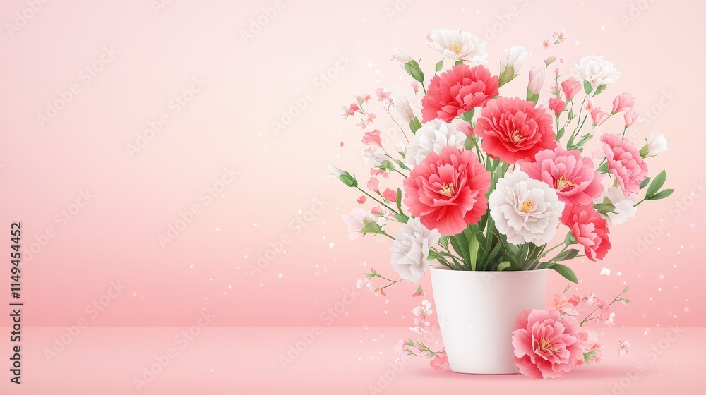 Obraz premium Charming carnations with delicate details in a light and cute pot, placed on a soft pink backgrounds with glowing highlights, perfect for spring themes.